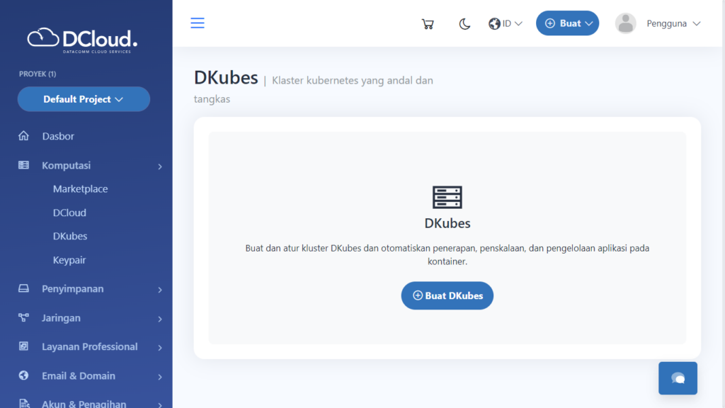 Menu DKubes pada customer portal DCloud